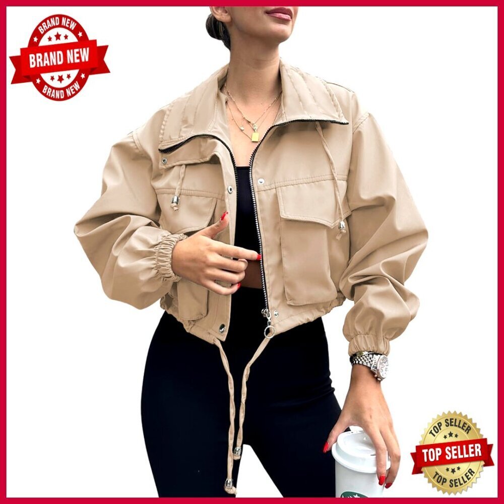 Lightweight Cropped Utility Jacket with Pockets, Oversized Fit, Zipper Closure